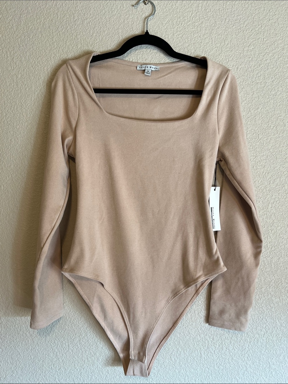 Haute Monde Long-Sleeve Square Neck Bodysuit in Nude Size M